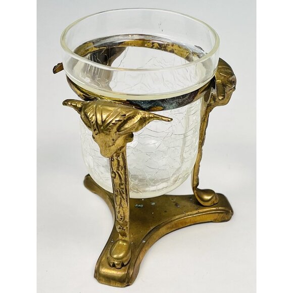 VTG MCM 4" Brass Ram Head Votive CANDLE HOLDER w/ Crackled Glass *Tarnish* - Picture 3 of 8